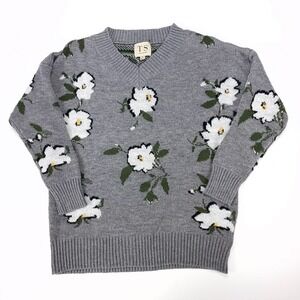 Twine and String Grey Floral V-Neck Knit Sweater Womens XS